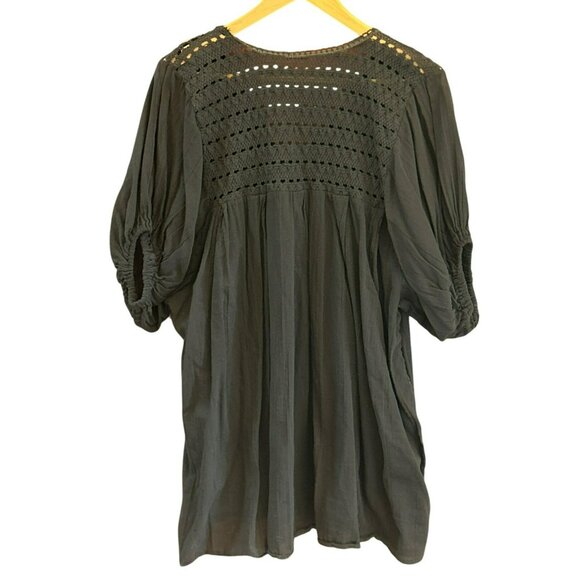 Bohemian Black Crocheted Floral Embroidered Blouse Micro Mini Dress Festival - Picture 3 of 4